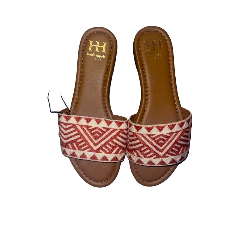 HAUTE HIPPIE Orange Aztec Embroidered Slides 9 NWT